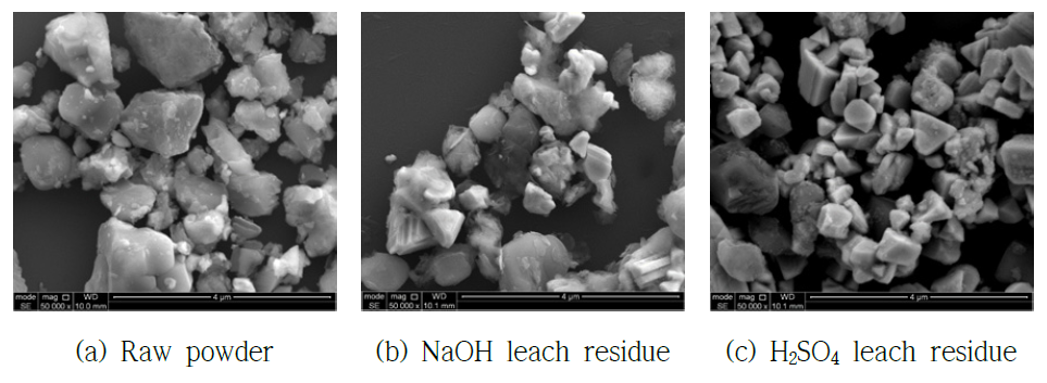 금속용매합금화 공정 원료 분말(고온산화 未처리)과 침출 잔사에 대한 주사전자현미경(SEM) 사진