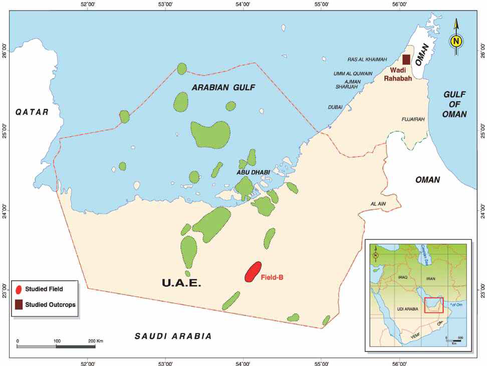UAE 주요 석유 매장 지역(녹색)과 Field B(적색), Kharaib층과 Shuaiba층을 대상으로 물리검층 자료와 시추코어 자료 분석