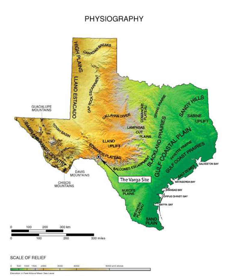 Edwards Plateau 지층의 Varga 지역을 표기한 Texas 지형도