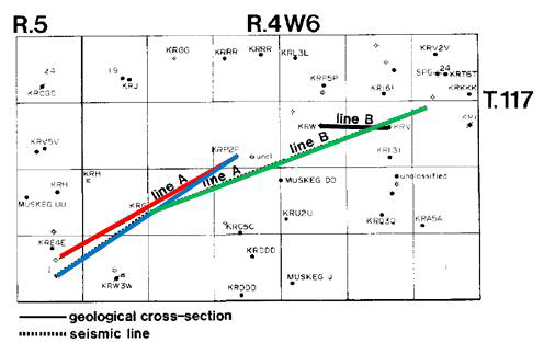 자마광구 내 탄성파 단면(파란색, 초록색 선)과 물리 검층 자료 해석을 통한 지질학적 단면의 위치(붉은색, 검은색 선)
