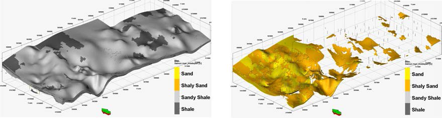 다점 지구 통계 기법을 적용한 오일샌드 저류층 암상 모델(비저류암상 분포 (좌), 저류암상 분포(우))