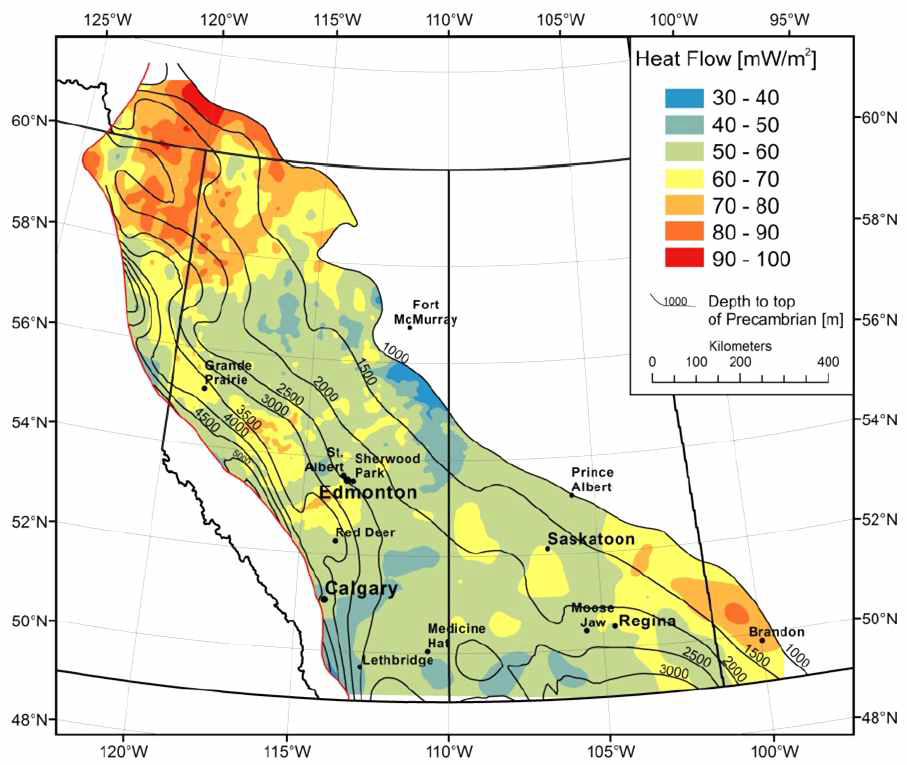 서캐나 분지의 열류량(heat flow) 분포도