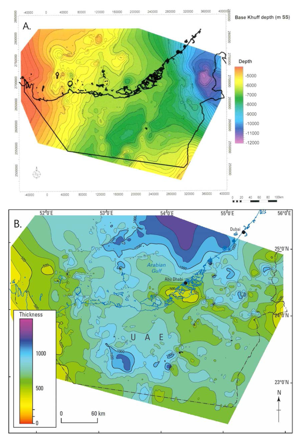 A. Base Khuff structure map. B. Thickness of the Khuff Formation