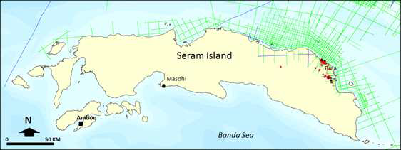 Wells and seismic lines location map in Seram Island