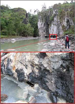 Photographs of oil seeps in Manusela Limestone, Nief River, Eastern Seram