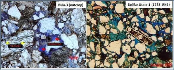 Thin sections of the sandstones in Fufa Formation indicate that porosity is low to moderate