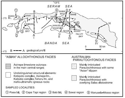 Geological sketch map of Seram with sampled localities of the Asinepe (Manusela) Limestone
