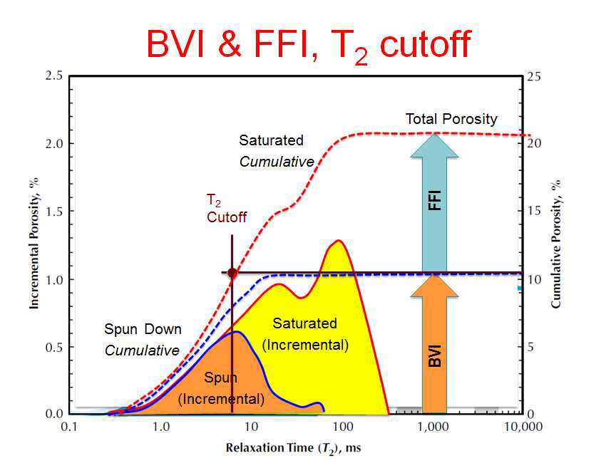 T2 분포로부터 도출되는 BVI, FFI, 그리고 T2 cutoff