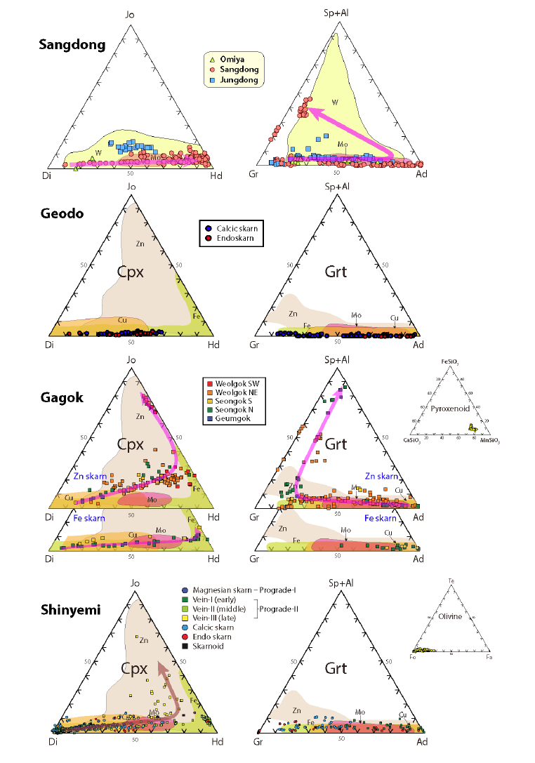 주요 스카른 광상에 수반된 단사휘석-석류석의 진화 양상