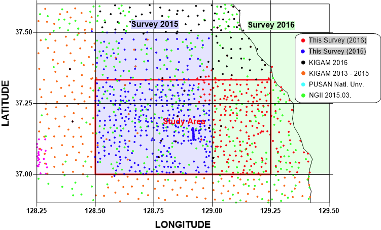 2015~2016년 중력 탐사 측점 및 기존 자료의 분포