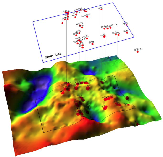 중력 역산에 의한 연구 지역과 주변의 기반암의 깊이와 광상의 분포
