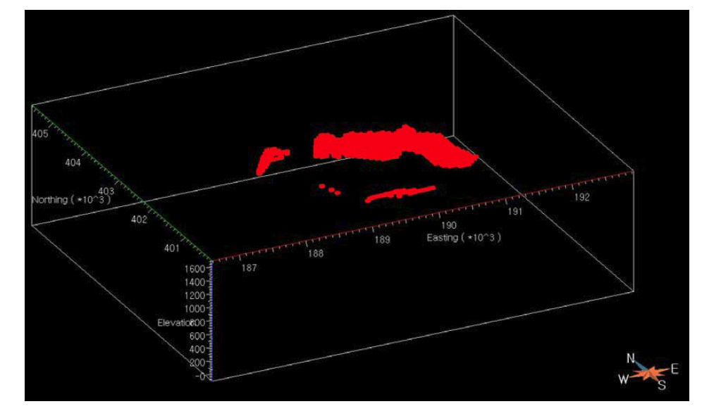거도 광산 영역의 3차원 대자율 역산을 위하여 광체 모델링 결과를 이용하여 구성된 고대자율(0.05 SI) 제한 모델