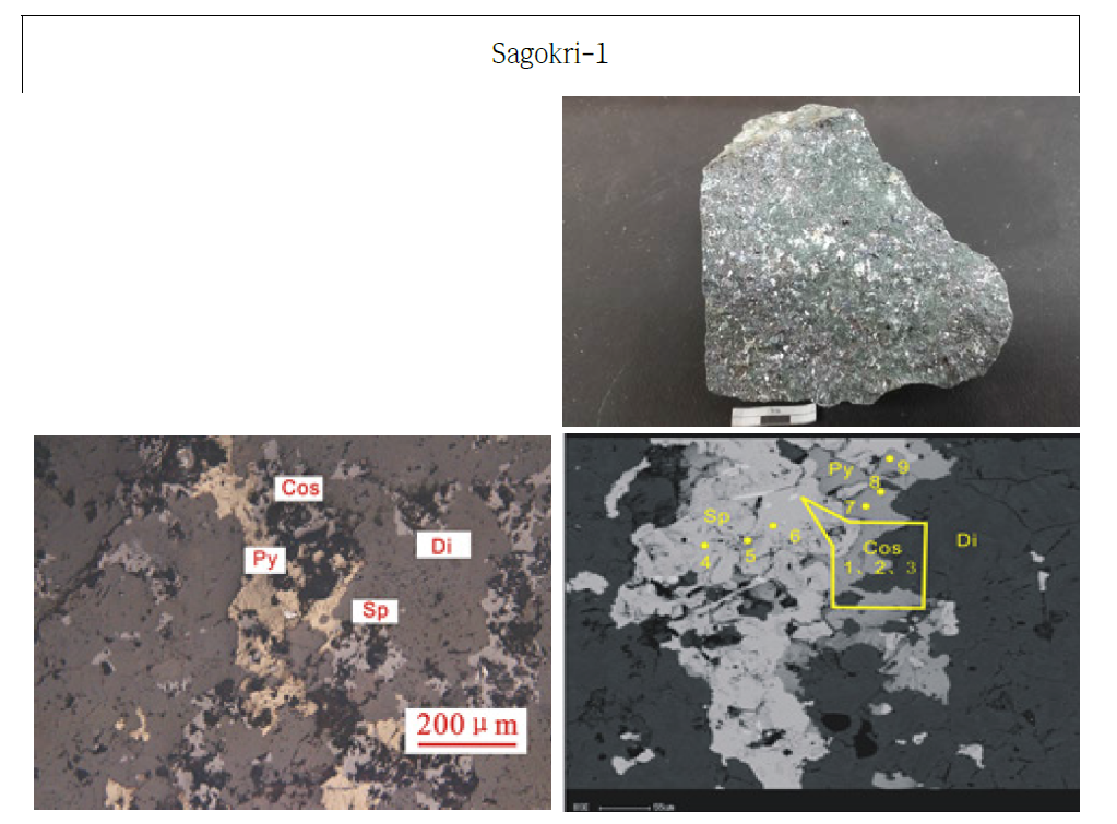 사곡리 연-아연광상의 암석시료 사진, 현미경사진, EPMA 측정위치