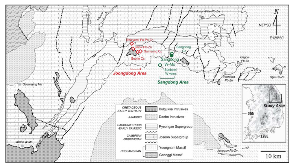 태백산 광화대 남부지역의 “중동지역” 및 “상동지역”의 구분 및 해당 회중석 함유 광체들.