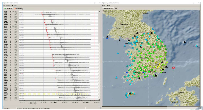 울산 지진(규모 5.8) 지진조기경보 정보기반 SeisComp3 표출 결과