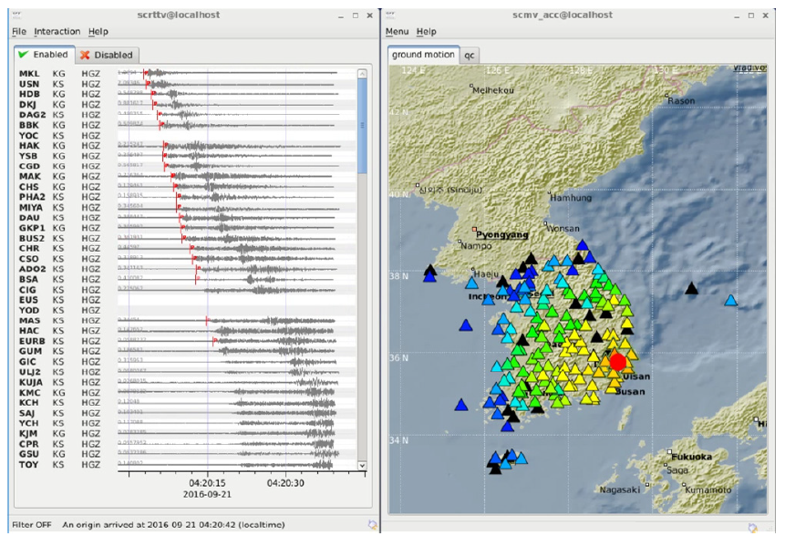 경주지진(규모 5.8) 지진조기경보 정보기반 SeisComp3 표출 결과