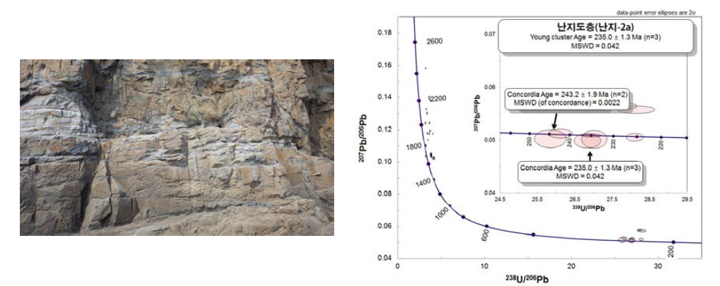 사층리가 발달하는 사암 누층의 난지도층과 LA-ICP U-Pb 절대연령 측정.