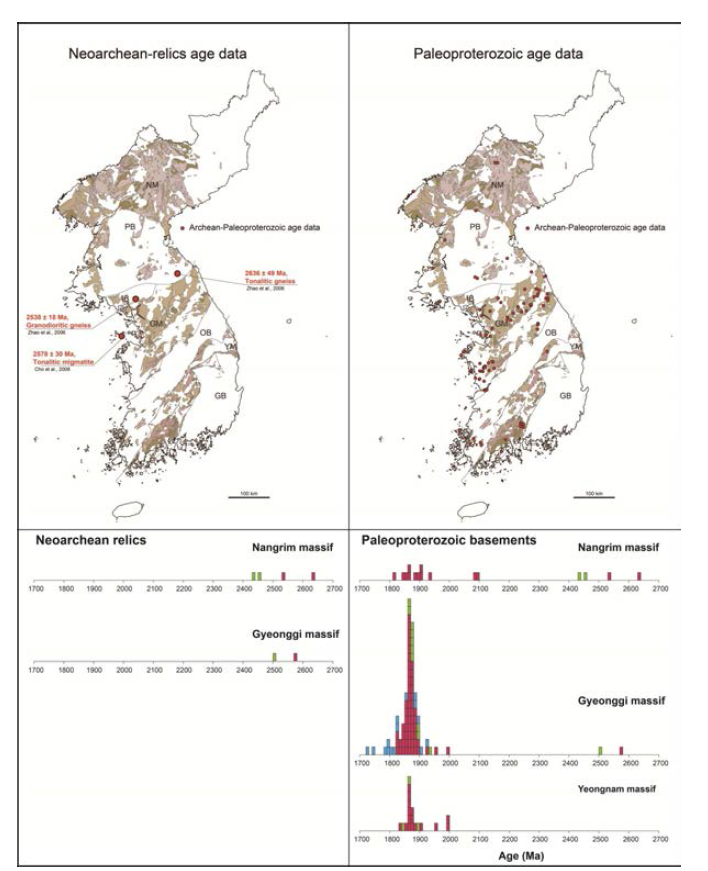 한반도에 분포하는 시생대 후기 잔류암 및 고원생대 암류의 분포 및 지질연대자료