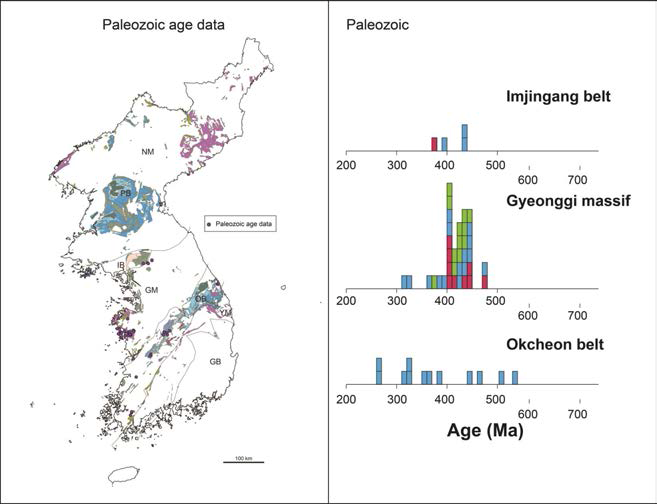 한반도에 분포하는 고생대 암류의 분포 및 지질연대자료