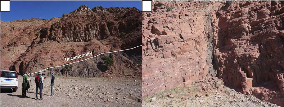 Subaiyingou 계곡의 동쪽 끝에 위치한 선캄브리아기 시대 변성퇴적암 혹은 편암이 부정합적인 관계로(a) 적색 사암(b)에 의해 덮혀 있다.
