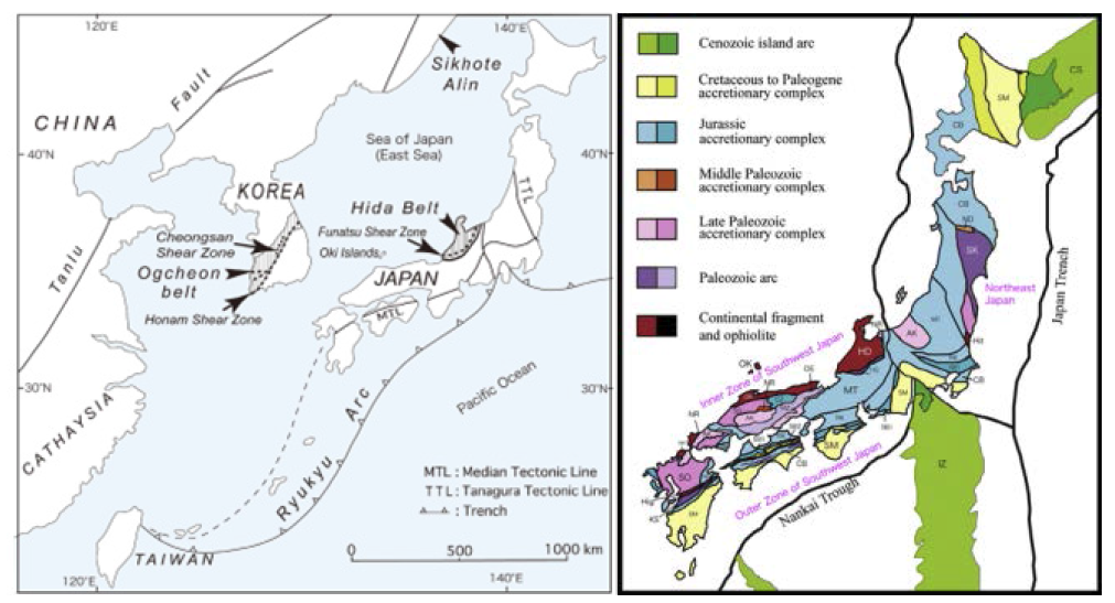 동아시아 지체구조도와 일본 열도의 지체구조적 층서구분도
