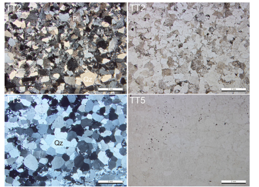 테토리층군 사암(TT2)과 사암 내 규암역(TT5)의 현미경 사진.