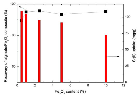 Fe3O4 함량에 따른 알긴산/Fe3O4 복합체의 Sr흡착량 및 자력분리에 의한 회수율