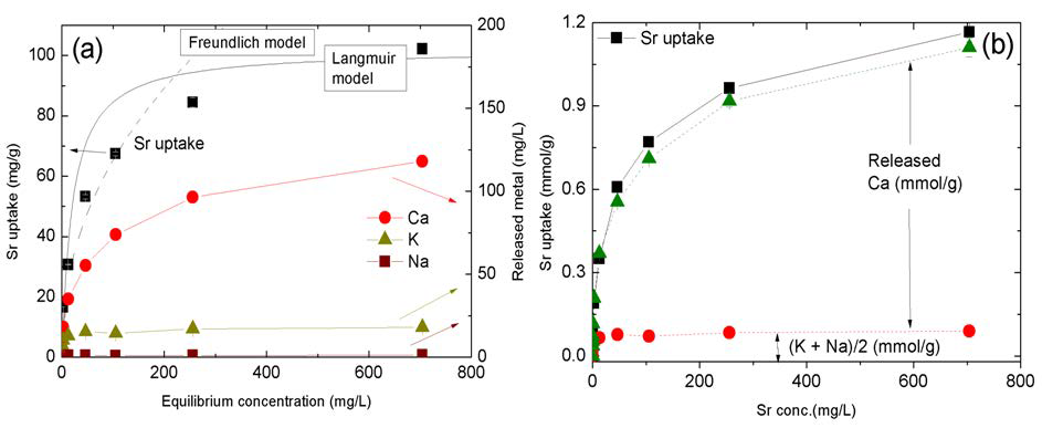 MnO2-알긴산 비드 복합체에 Sr 흡착등온선 (a), Sr 흡착량(몰농도)과 용출된 Ca, K, Na (몰농도)와의 상관관계