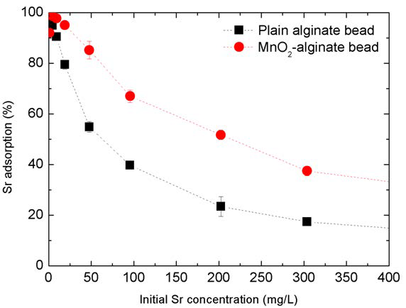 일반 알긴산 비드와 MnO2-알긴산 비드 복합체의 Sr 흡착 효율