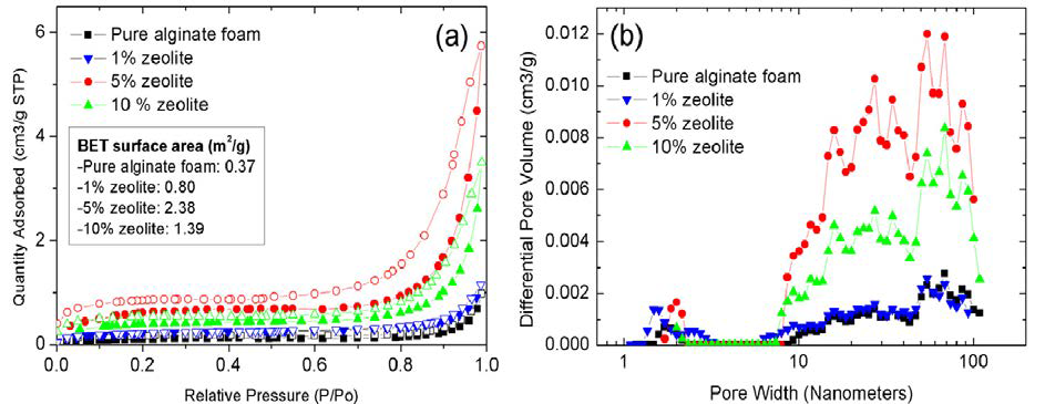 zeolite-알긴산 폼 복합체의 N2 흡착-탈착 등온선 (a), pore size distribution (b)