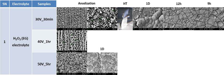 전해질 용액으로 H2O2와 EG를 사용할 경우 다른 인가전위와 인가시간에 따른 TiO2 나노튜브 형상