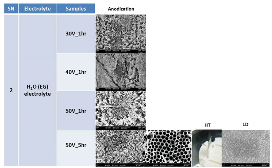 전해질 용액으로 H2O와 EG를 사용할 경우 다른 인가전위와 인가시간에 따른 TiO2 나노튜브 형상