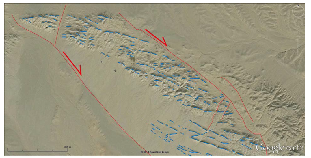 Lineaments and meso-scale faults in the study area, Omnogobi Province, Mongolia