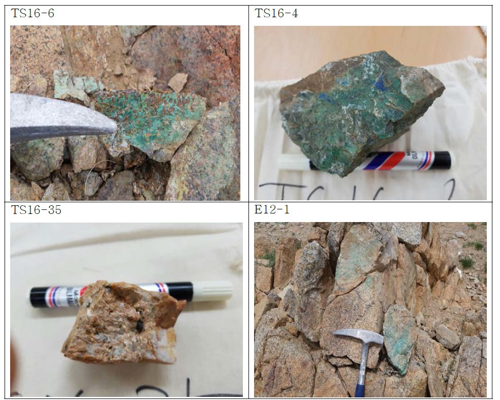Photograph of Cu-mineralized ore samples for XRD analysis obtained in the Tsogttsetsii area