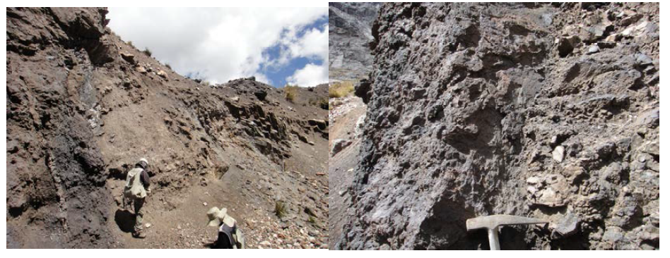 Boundary (left) between Santa formation and Carhuaz formation and fault surface (right) of Mancacuta orebody from the Iscaycruz mine