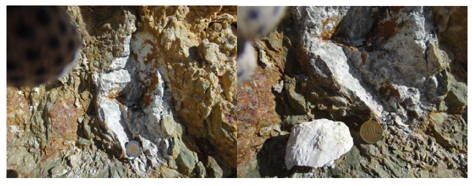 Quartz vein (left) and alunite (right) of Carhuaz formation in the Iscaycruz mine