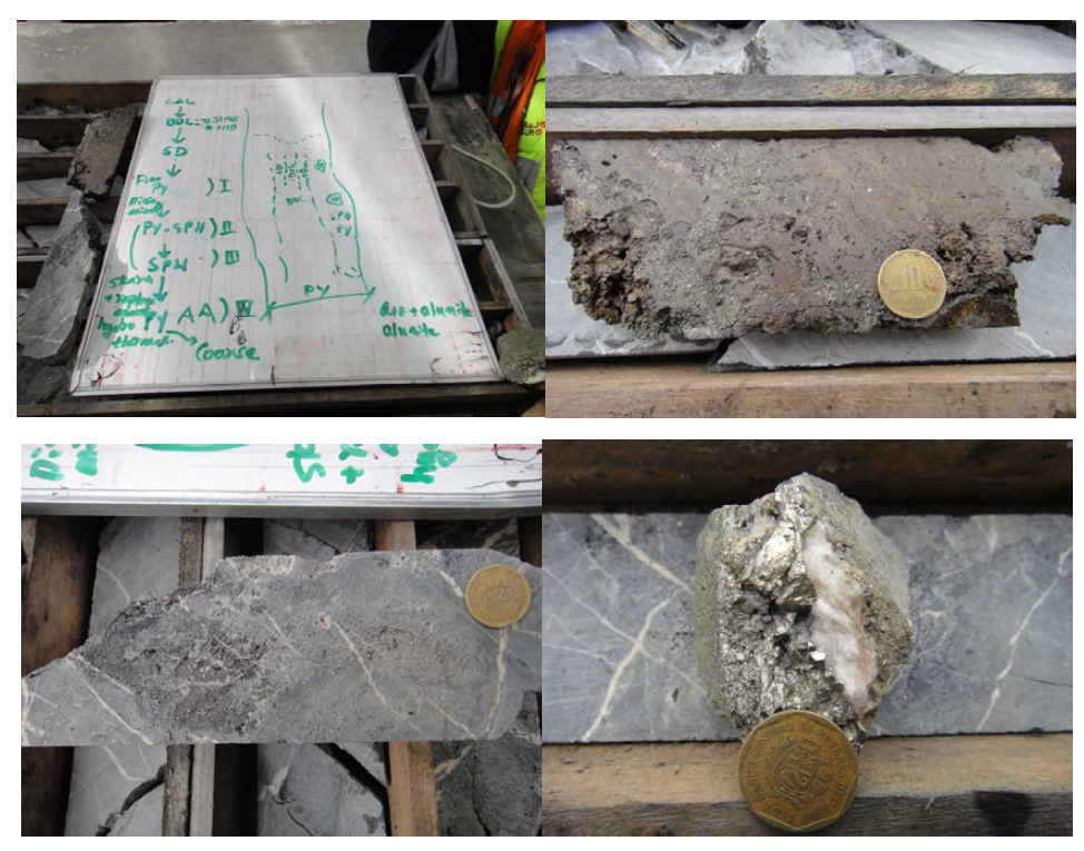 Mineralizations of four stages (upper left), secondary stage mineralization (upper right), third stage mineralization (lower left) and fourth stage mineralization (lower right) from the Iscaycruz mine