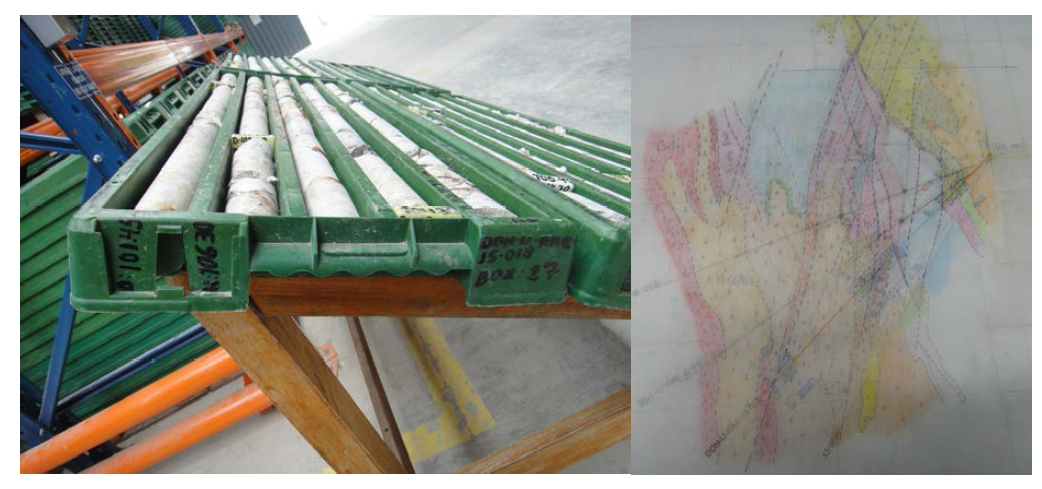 Drilling core boxes (DDH-U-RAE-15-018)(left) and drilling location (geologic map) (right) (Compania Minera Raura S.A.) of the Raura mine