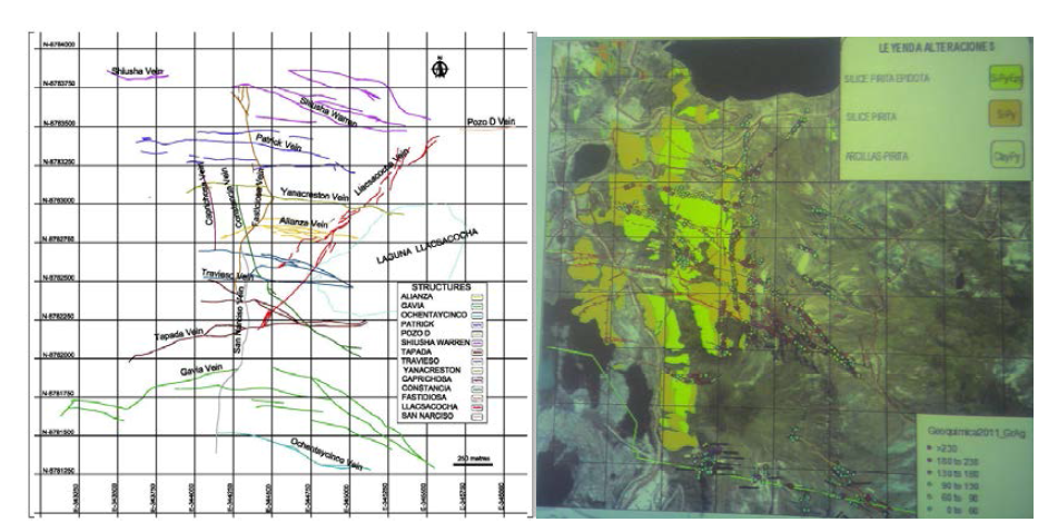 Vein distribution map (left) and Ag grade map (right) of the Huaron mine