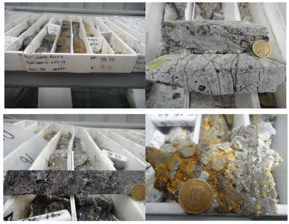 OOH-O-007-15 drilling core (EW-direction quartz vein) (upper left), different mineralizations (upper right) and main mineralization (lower) from the Huaron mine
