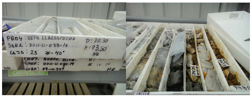 DDH-W-033-16 drilling core (NE-direction quartz vein) (left) and main mineralization (right) from the Huaron mine