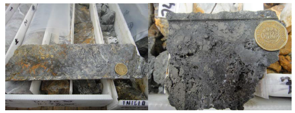 DDH-W-033-16 drilling core (NE-direction quartz vein) and different mineralizations from the Huaron mine