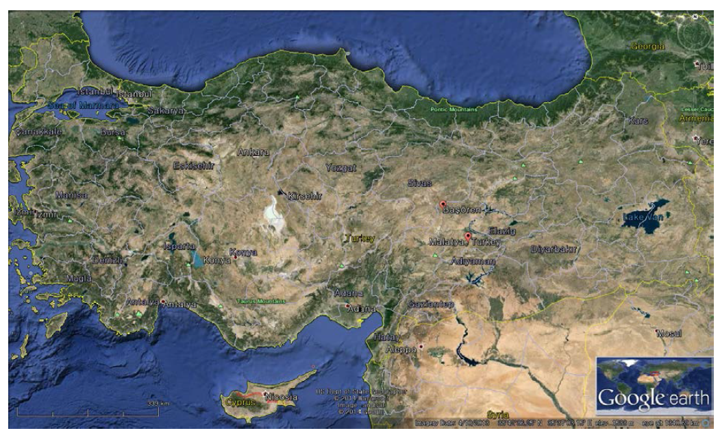 Location map of Başören and Malatya in Turkey