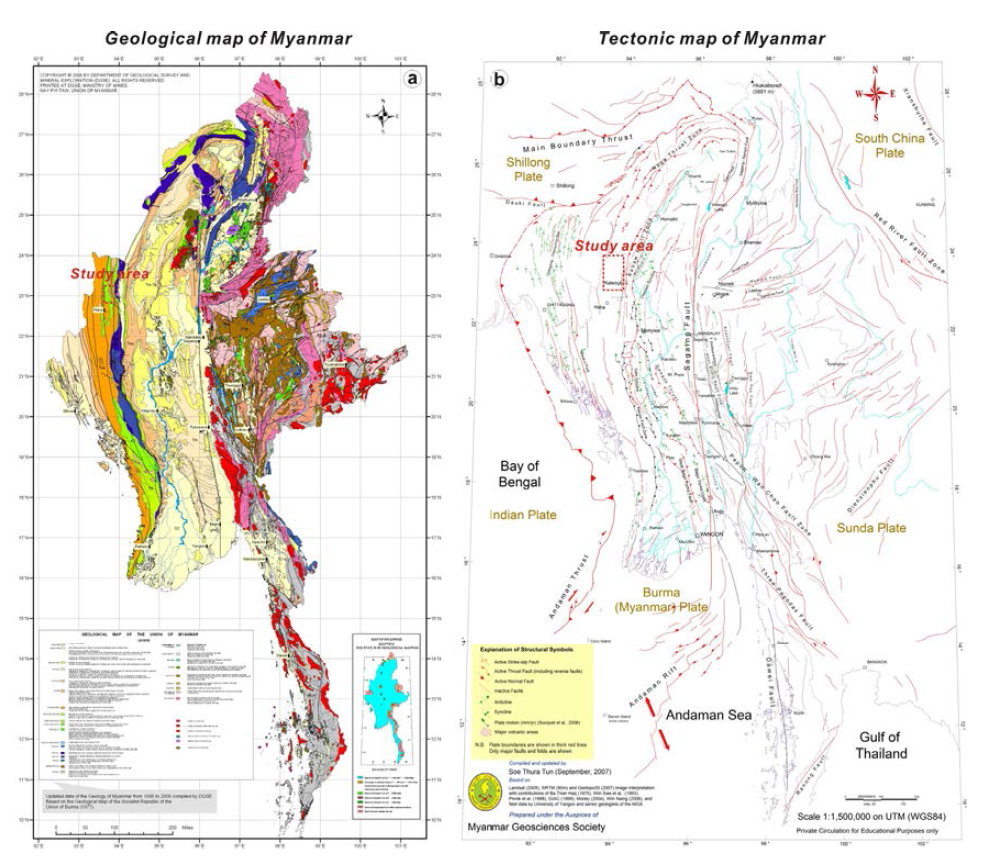 Geologic map of Myanmar (DGSE, 2008) and tectonic map (1: 1,500,000) around Myanmar (Soe, 2007)