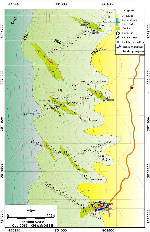Geologic map showing the distribution of Cr-ore bodies and the location of trench sites at Bophi Vum area near Kalay, Myanmar