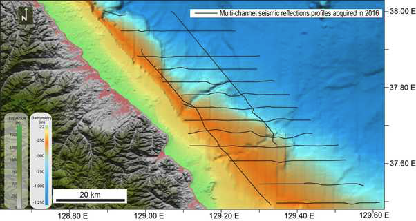 Bathymetric data showing the multi-channel seismic reflection profiles acquired in 2016.