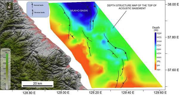 Depth structure map of the top of acoustic basement. The basement is offset by numerous N-S trending normal- and reverse-faults. The depths of the acoustic basement range from about 250 m in the south and west to over 2500 m in the north
