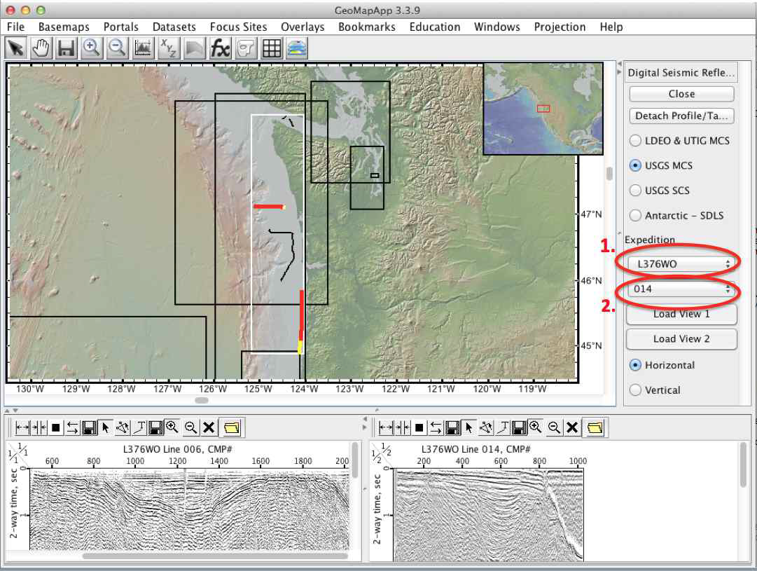 USGS GeoMapApp에서의 탄성파 자료 검색화면 예시.