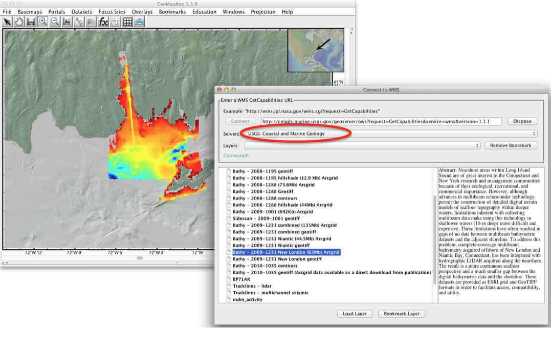 USGS GeoMapApp의 WMS기능을 이용한 온라인 실시간 mapping 예시.