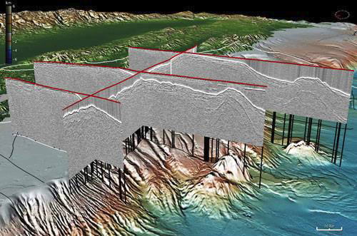 USGS Virtual Ocean의 탄성파 자료 3D 가시화 기능 예시.